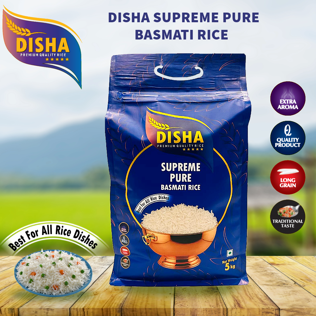 Disha Supreme Pure Basmati Rice 5kg –Best for All Rice Dishes Extra Aroma, Long Grain, Premium Quality, Traditional Taste (5kg)