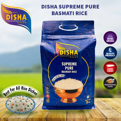 Disha Supreme Pure Basmati Rice 5kg –Best for All Rice Dishes Extra Aroma, Long Grain, Premium Quality, Traditional Taste (5kg)